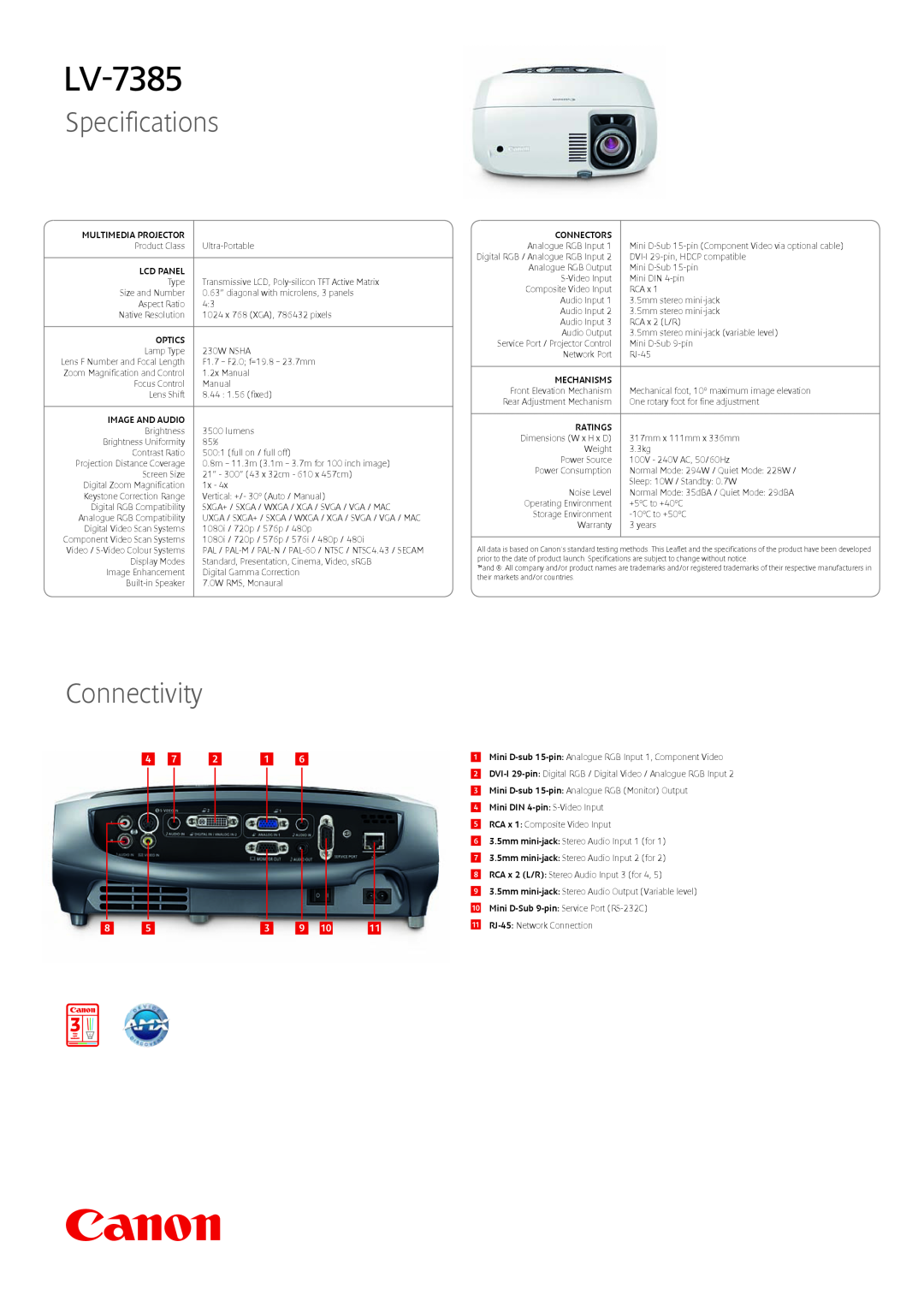 Canon LV-7385 warranty Specifications, Connectivity, Multimedia Projector, Connectors 