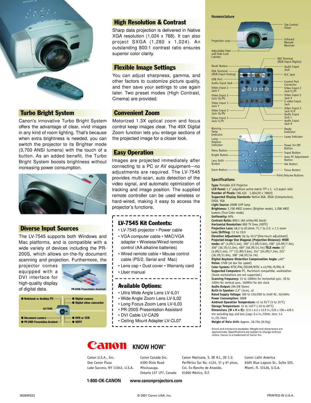 Canon LV-7545 manual High Resolution & Contrast, Flexible Image Settings, Convenient Zoom, Easy Operation 