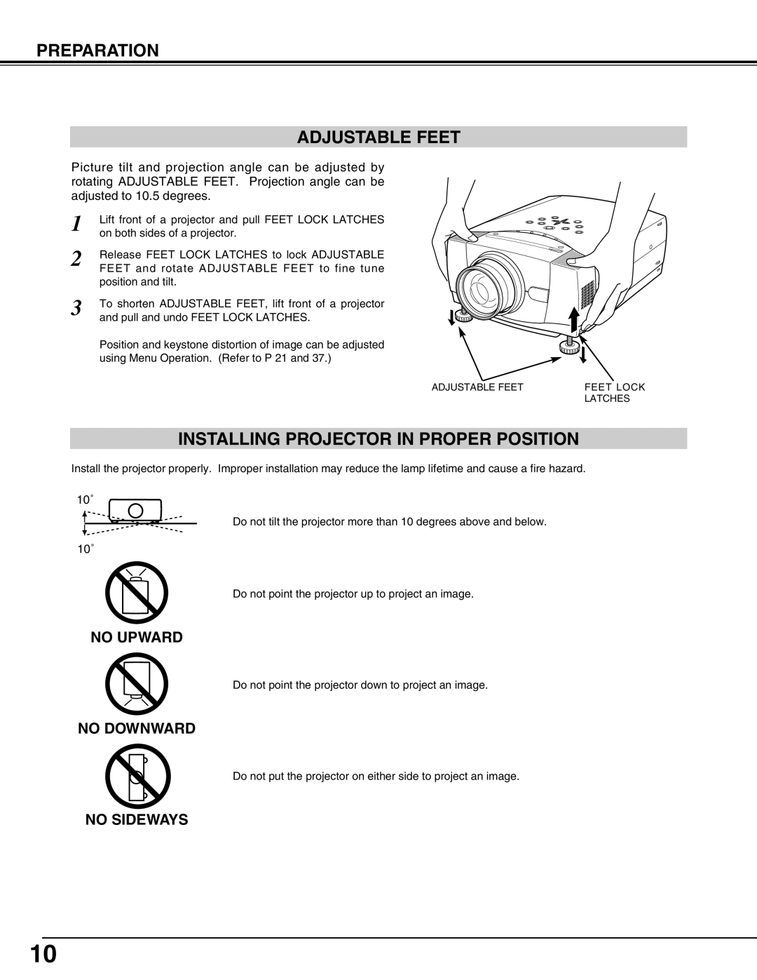 Canon LV-7565F owner manual Preparation Adjustable Feet, Installing Projector in Proper Position 