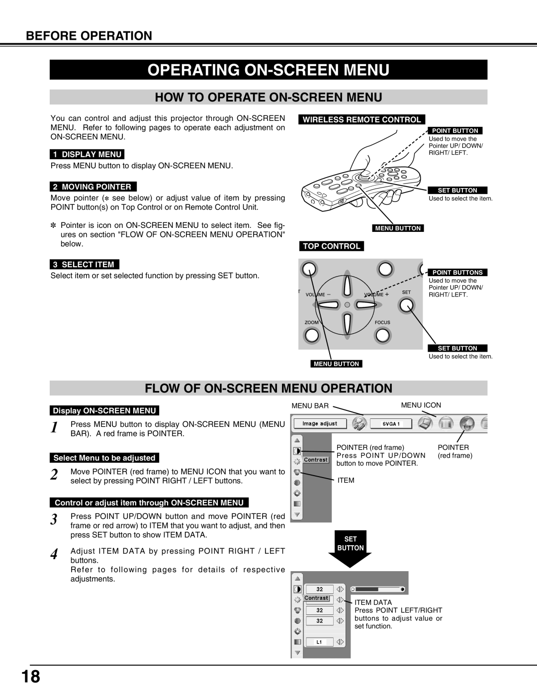 Canon LV-7565F owner manual Operating ON-SCREEN Menu, HOW to Operate ON-SCREEN Menu, Flow of ON-SCREEN Menu Operation 