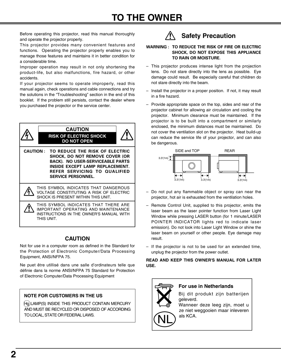 Canon LV-7565F owner manual To the Owner, Risk of Electric Shock Do not Open 