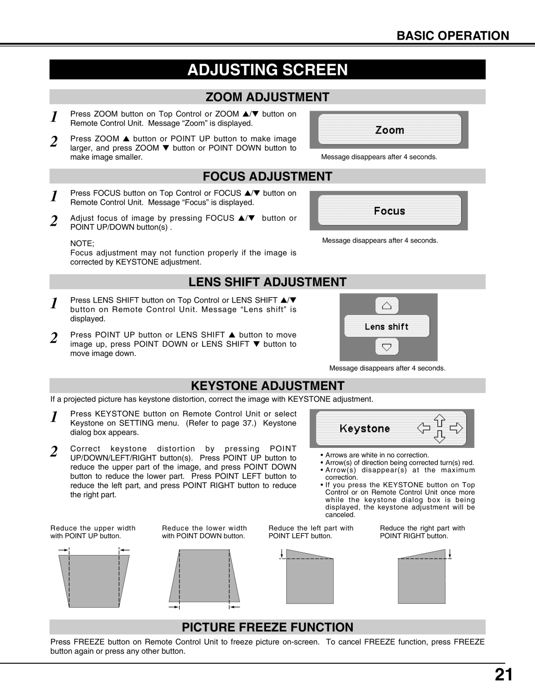 Canon LV-7565F owner manual Adjusting Screen, Keystone Adjustment, Picture Freeze Function 