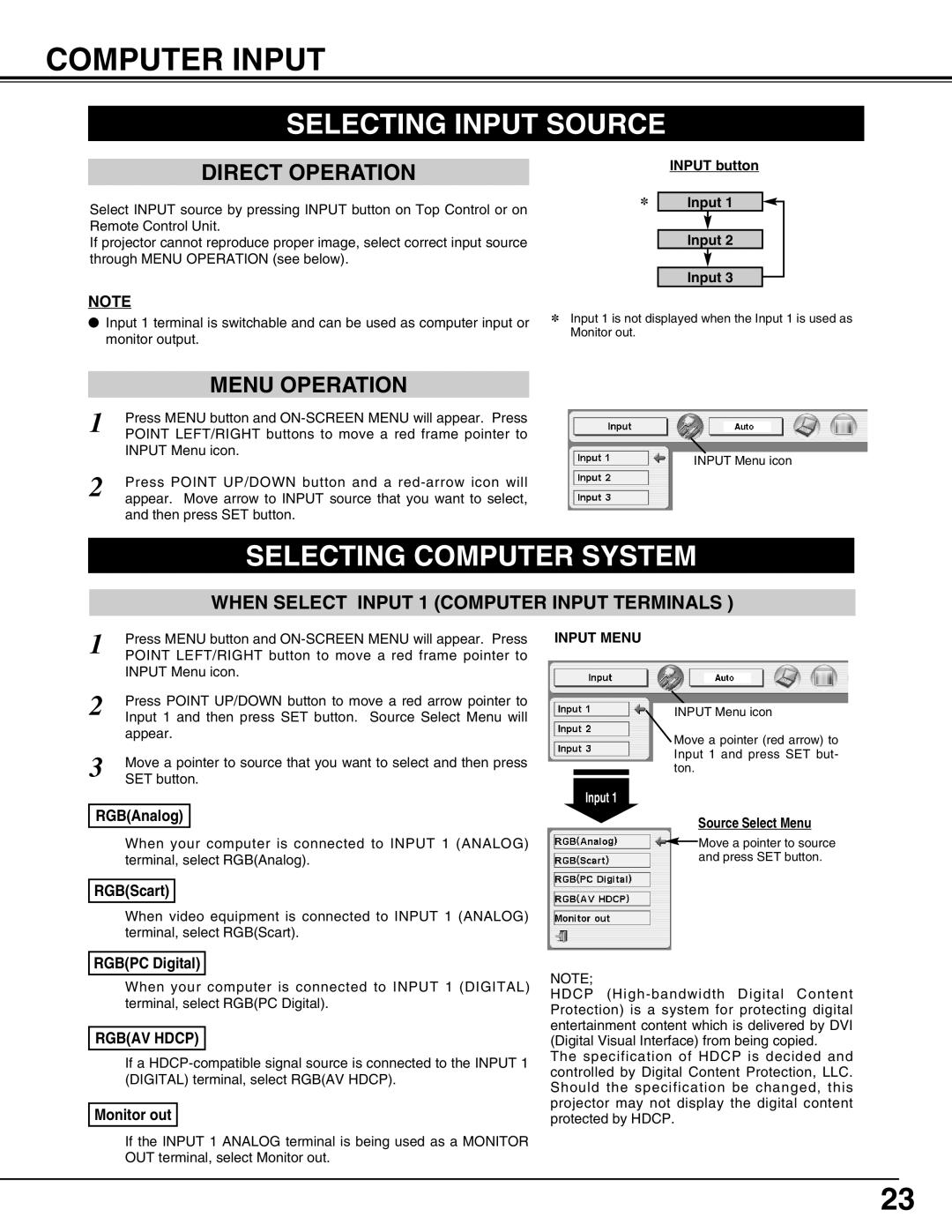 Canon LV-7565F owner manual Computer Input, Selecting Input Source, Selecting Computer System 