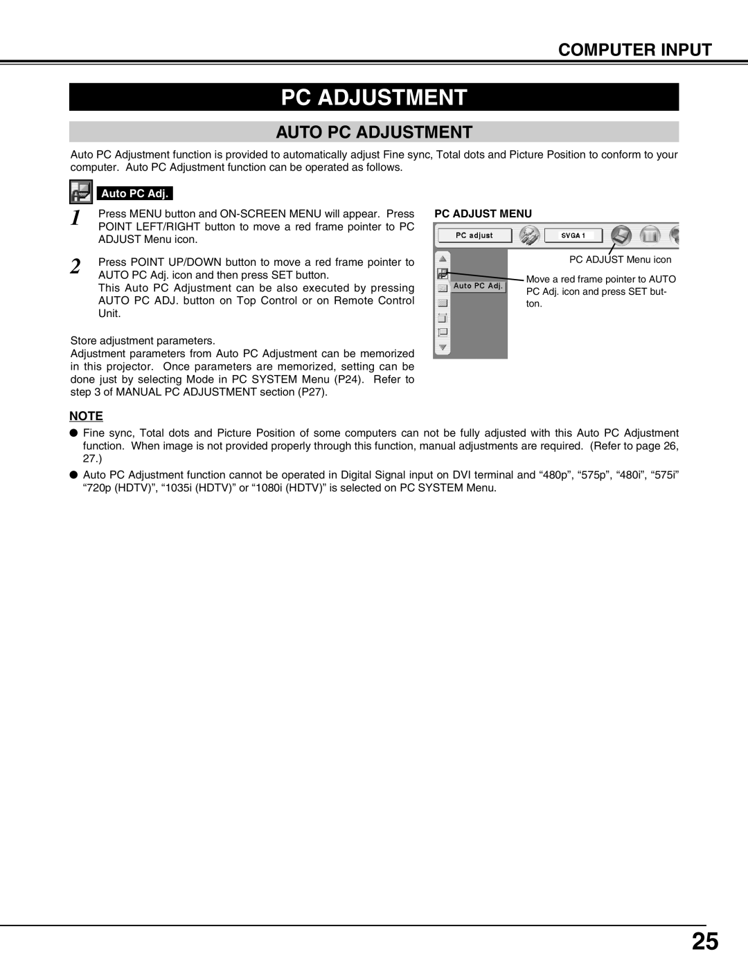 Canon LV-7565F owner manual Auto PC Adjustment, PC Adjust Menu 