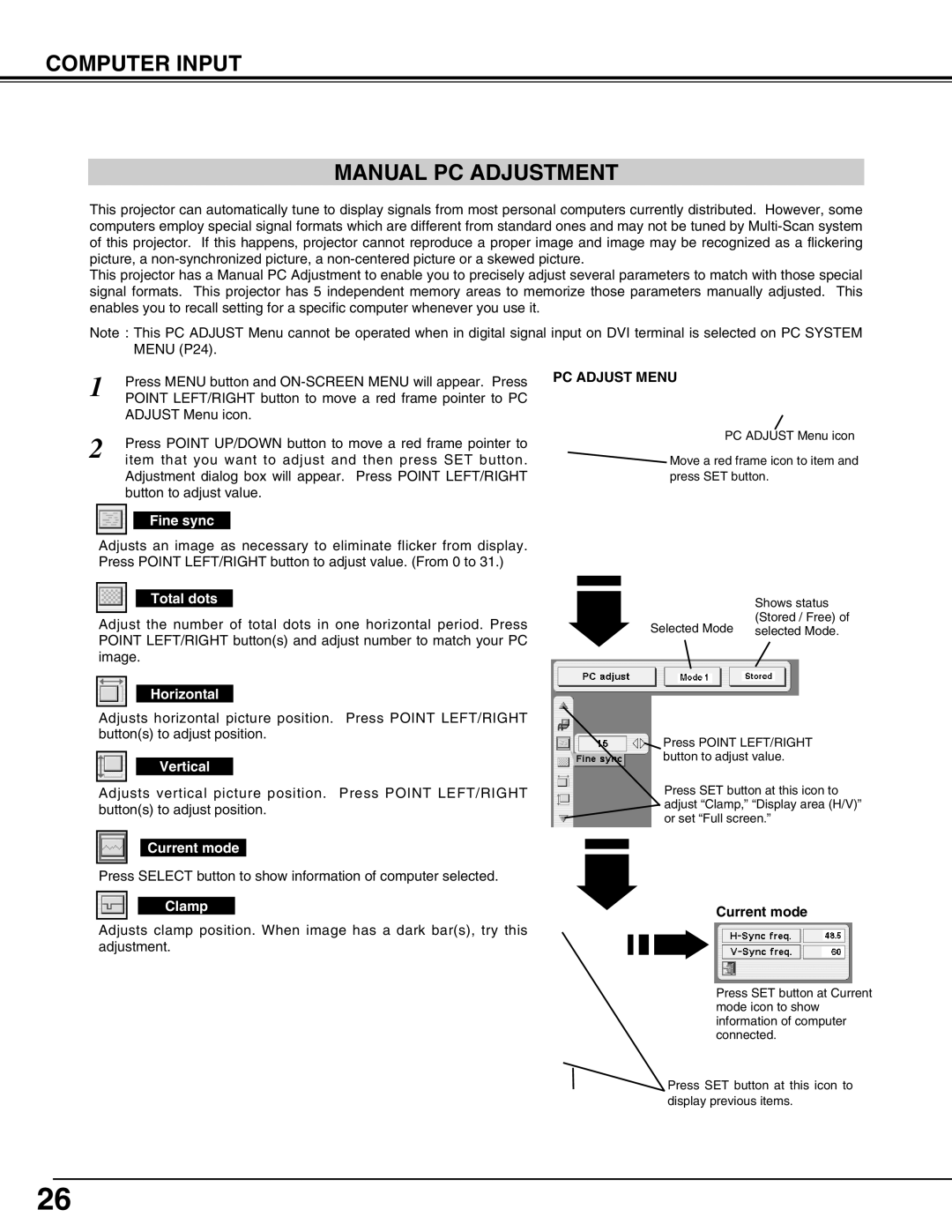 Canon LV-7565F owner manual Computer Input Manual PC Adjustment 