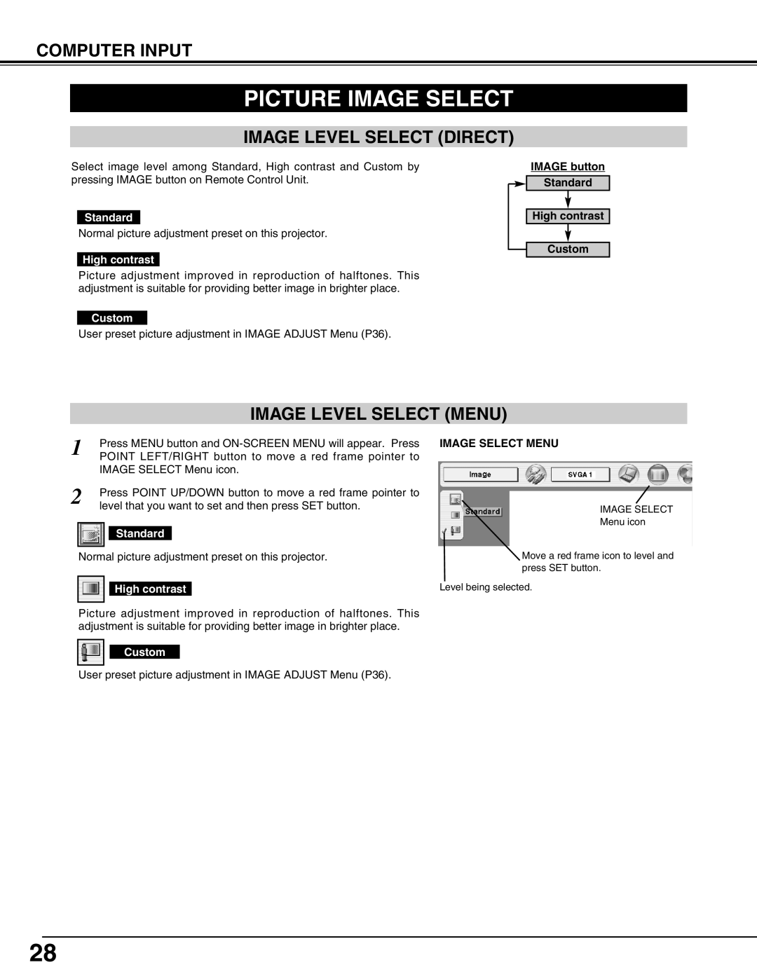 Canon LV-7565F owner manual Picture Image Select, Image Level Select Direct, Image Level Select Menu, Image Select Menu 