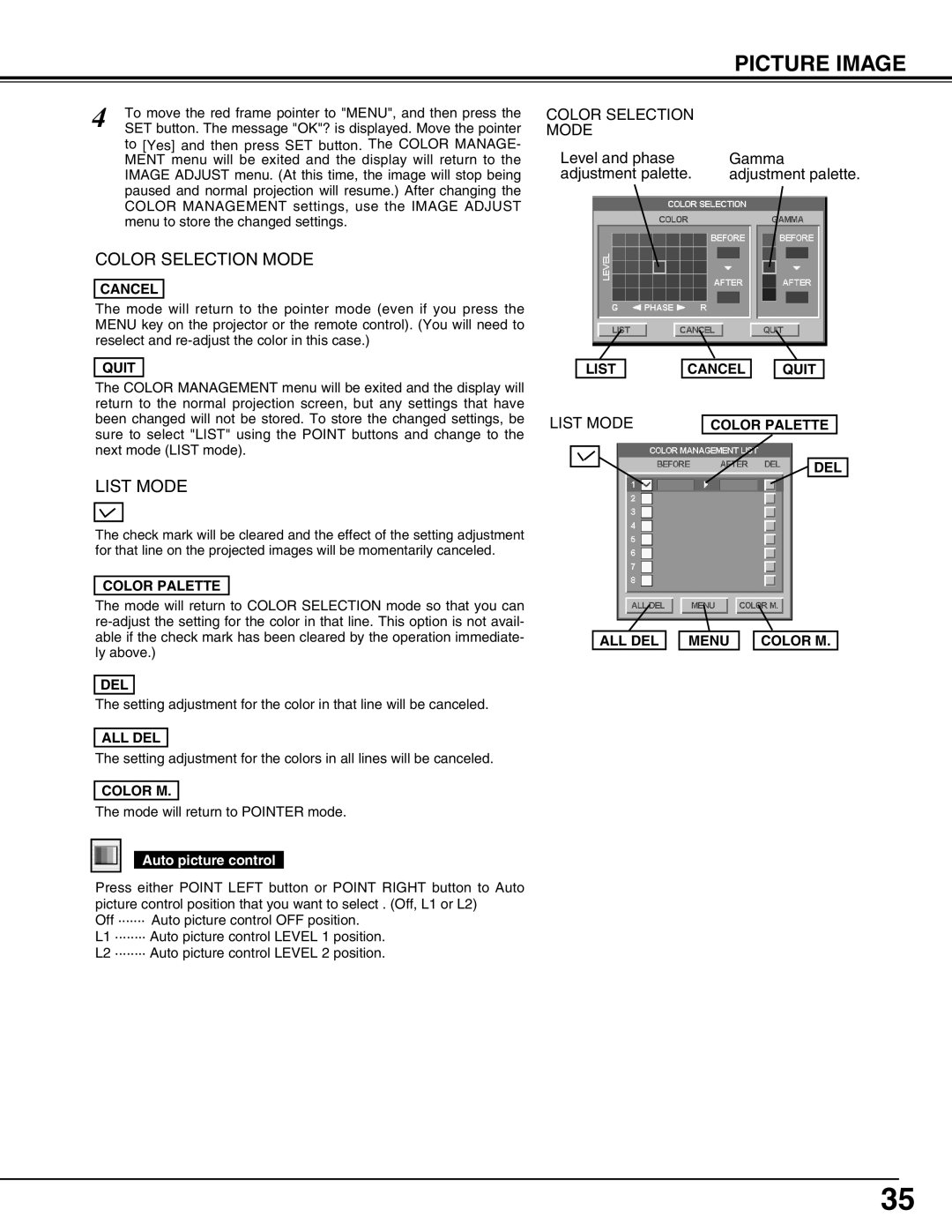 Canon LV-7565F owner manual Color Palette, All Del, List Cancel Quit, DEL ALL DEL Menu Color M 