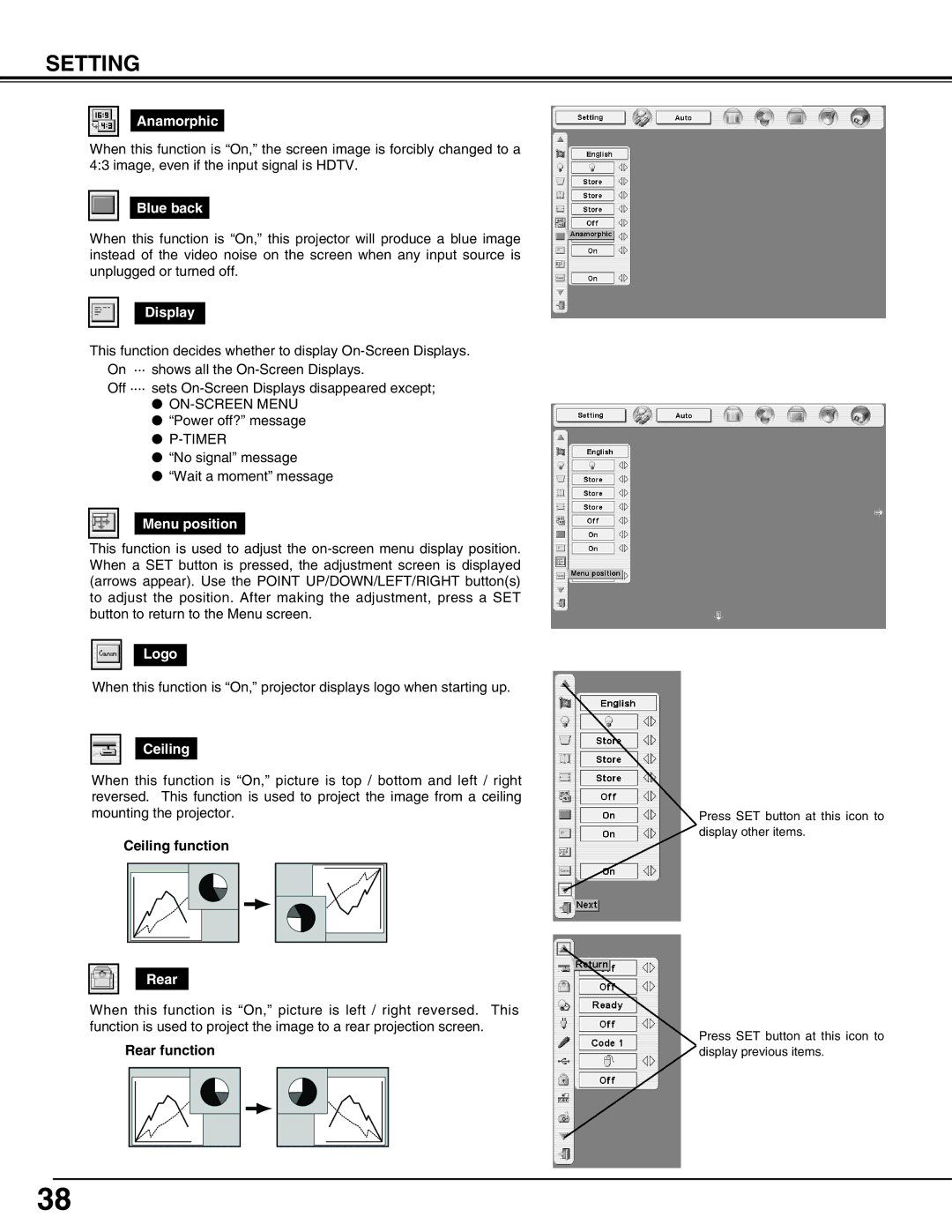 Canon LV-7565F owner manual Anamorphic, Blue back, Display, Menu position, Logo, Ceiling, Rear 