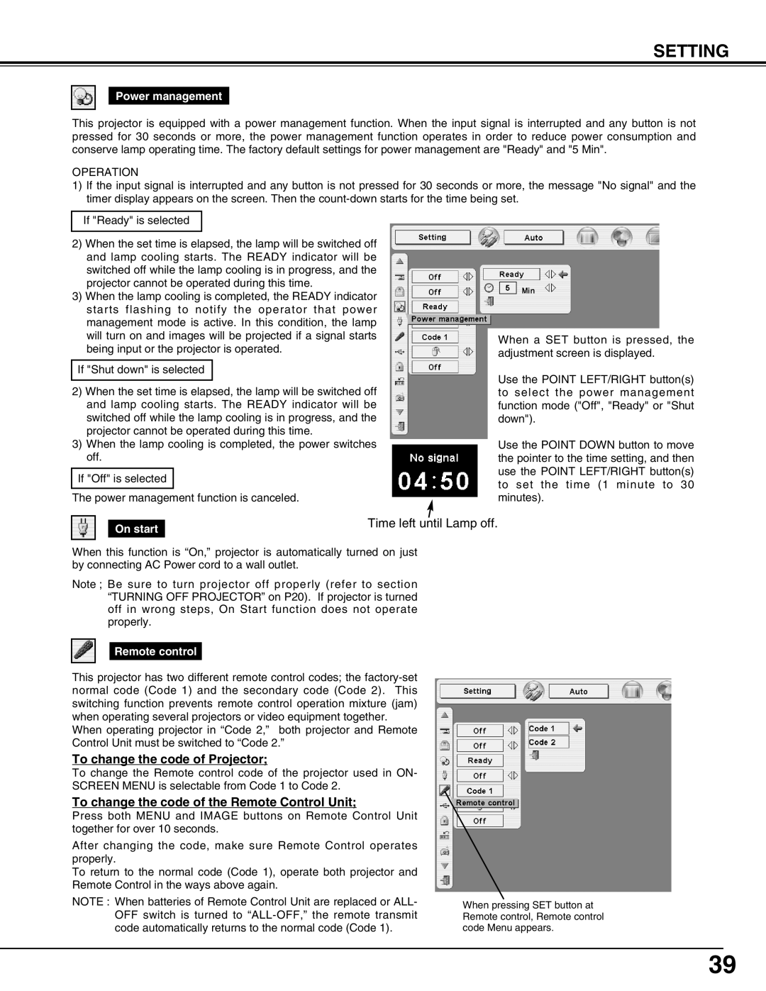 Canon LV-7565F To change the code of Projector, To change the code of the Remote Control Unit, Power management, On start 