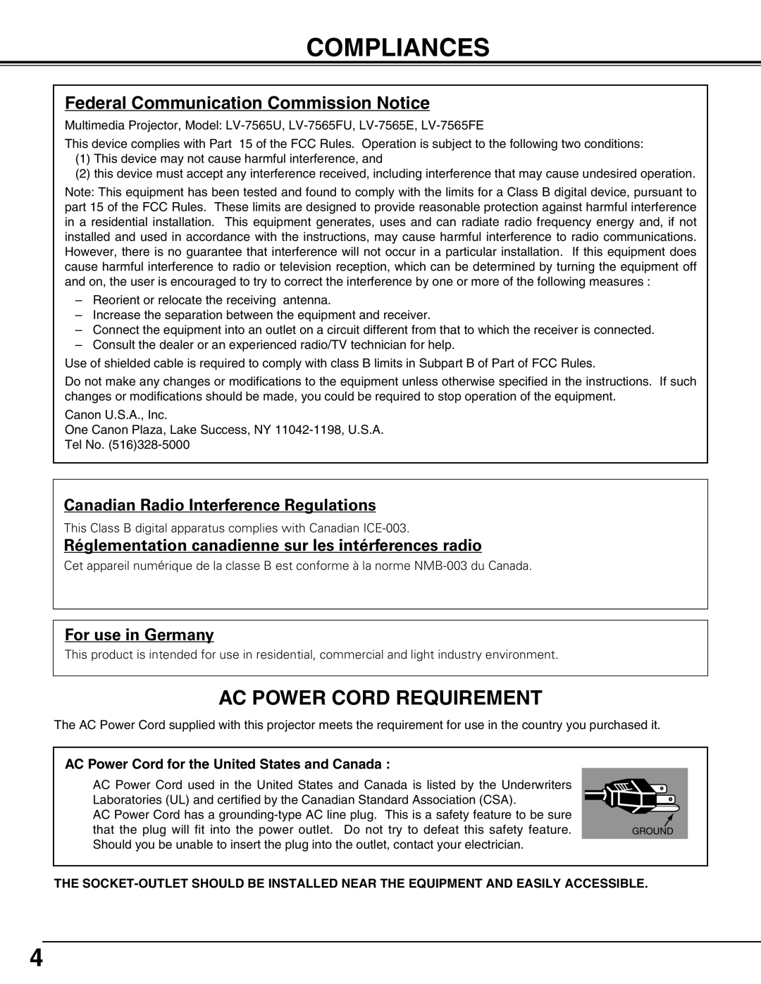 Canon LV-7565F owner manual Compliances, Federal Communication Commission Notice 