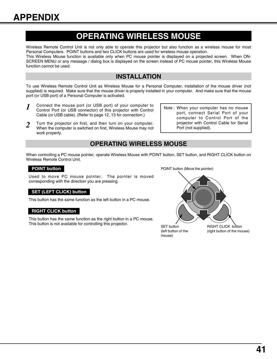 Canon LV-7565F owner manual Appendix, Operating Wireless Mouse, Installation 