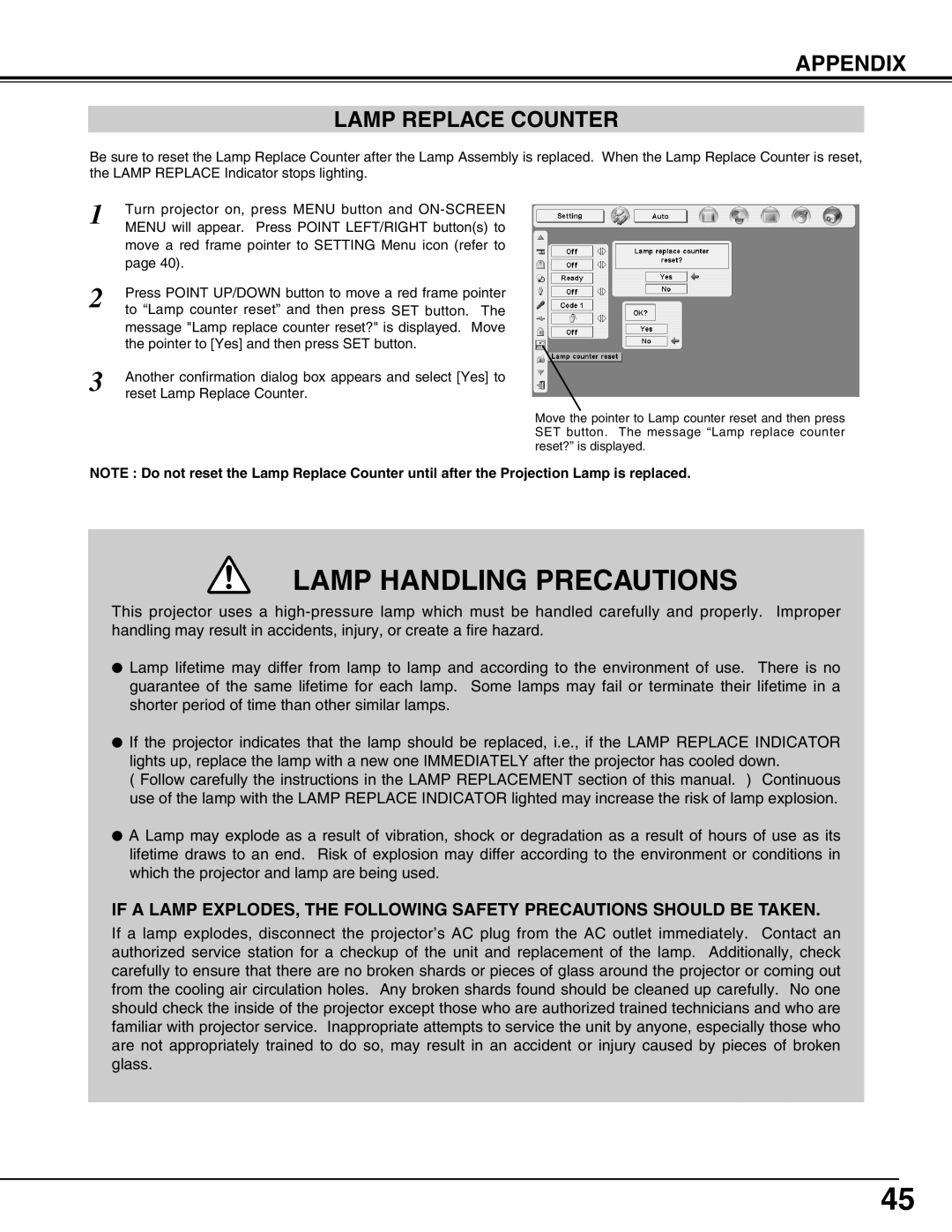 Canon LV-7565F owner manual Lamp Handling Precautions, Appendix Lamp Replace Counter 