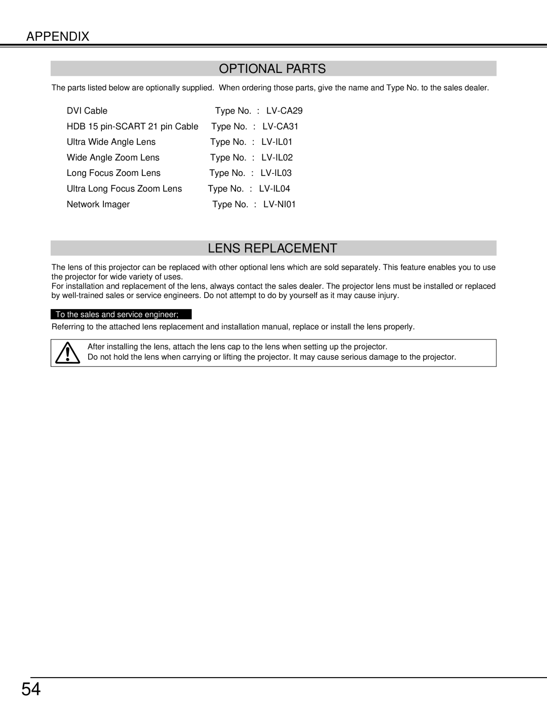 Canon LV-7565F owner manual Appendix Optional Parts, Lens Replacement, To the sales and service engineer 