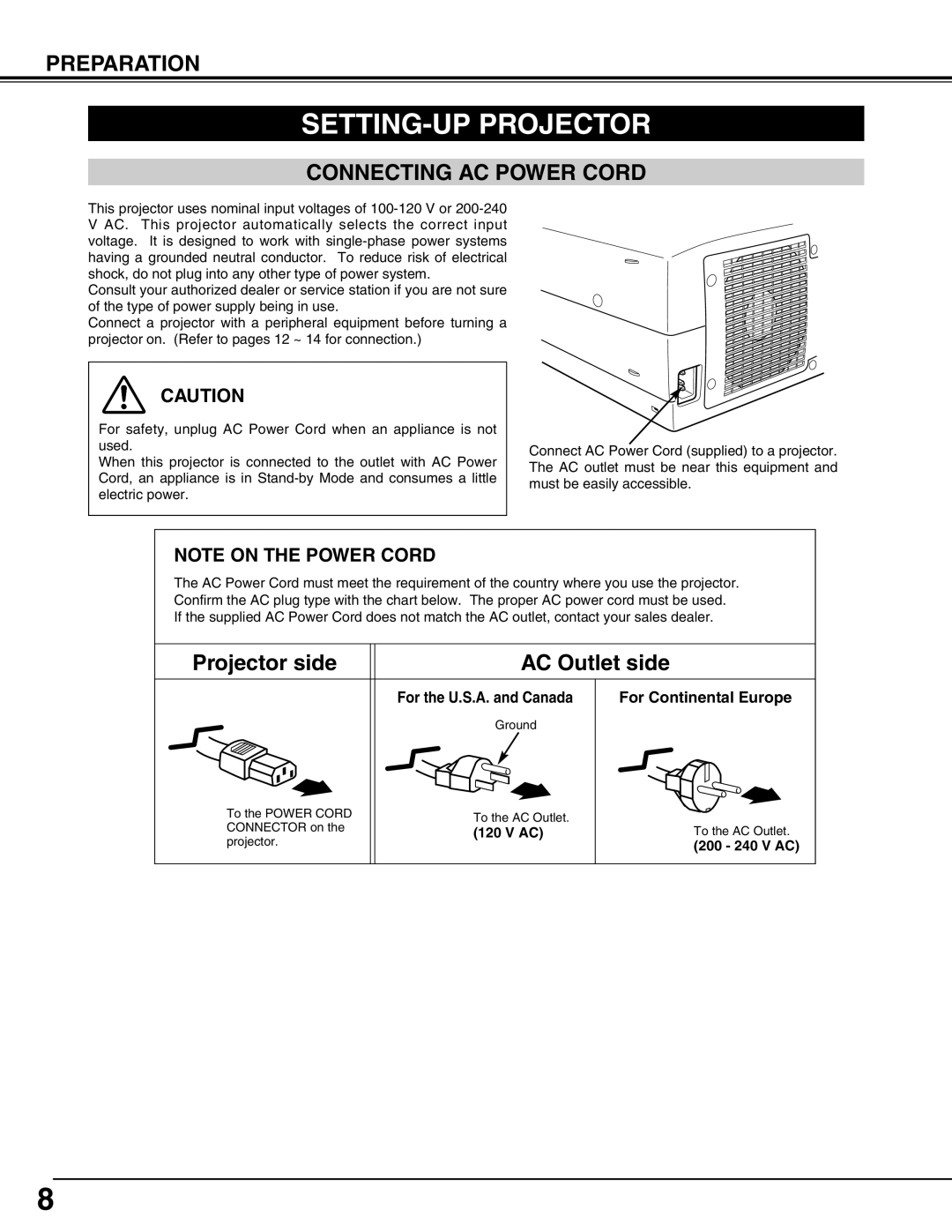 Canon LV-7565F owner manual SETTING-UP Projector, Connecting AC Power Cord, For Continental Europe 