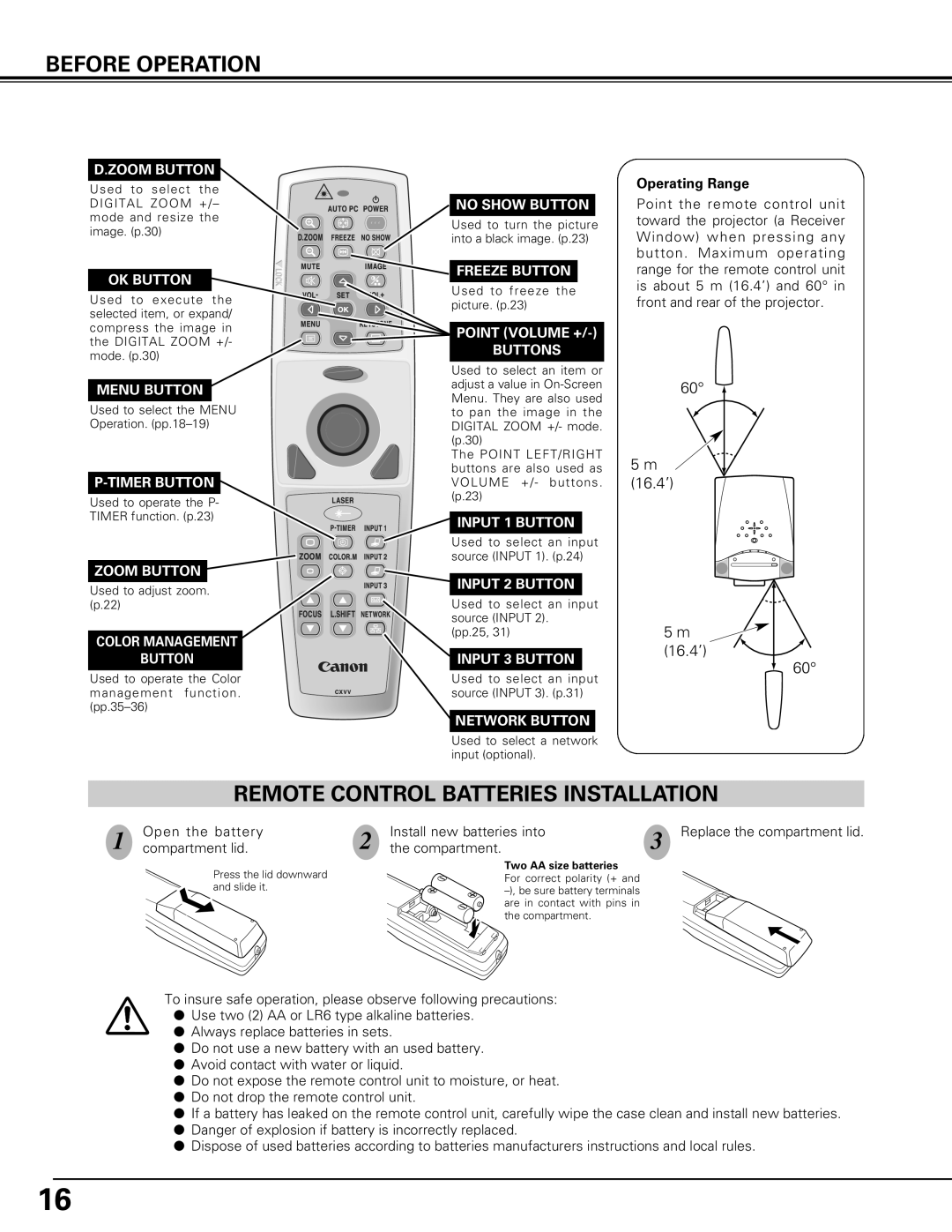 Canon LV-7575 user manual Before Operation, Remote Control Batteries Installation 