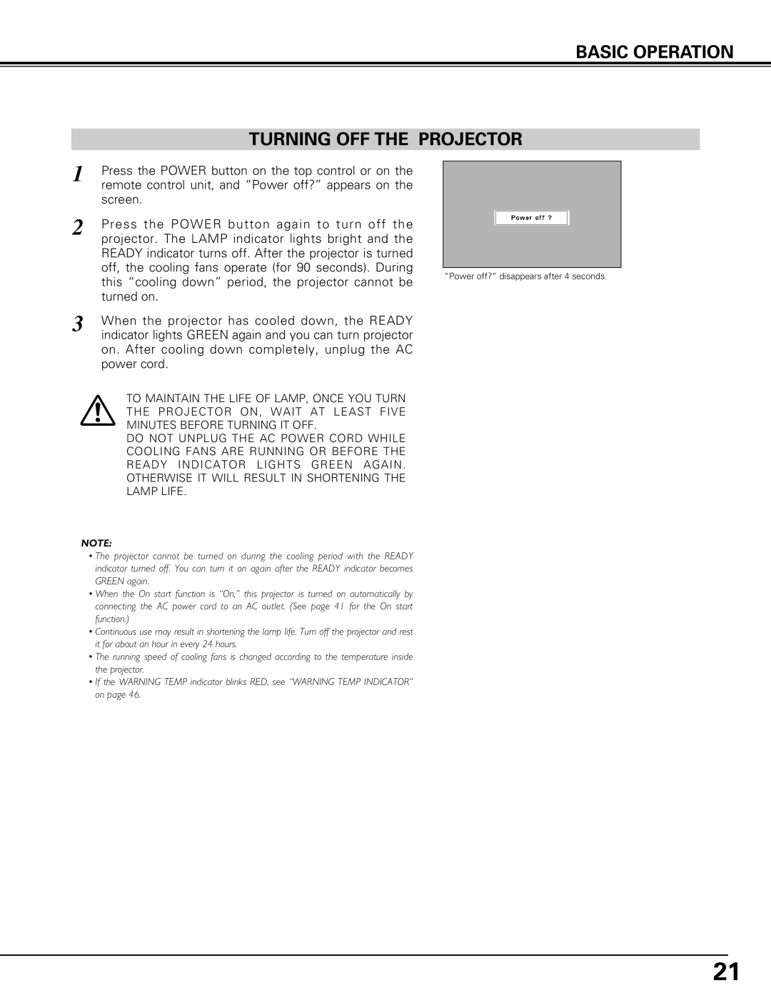 Canon LV-7575 user manual Basic Operation Turning OFF the Projector 