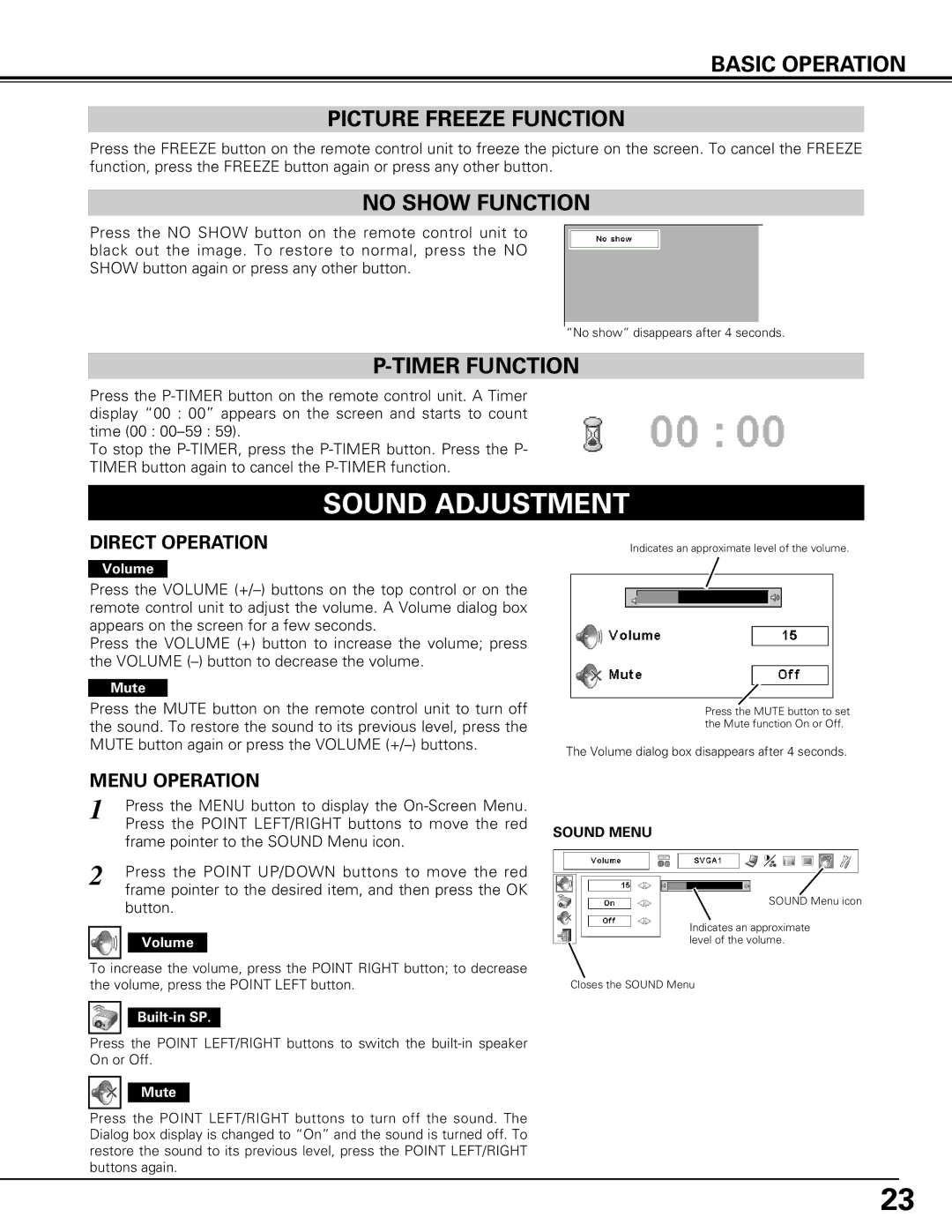 Canon LV-7575 user manual Sound Adjustment, Basic Operation Picture Freeze Function, No Show Function, Timer Function 