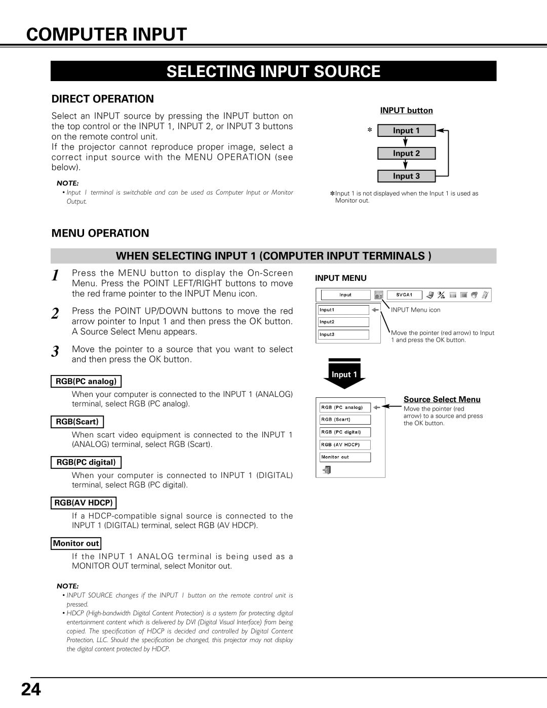 Canon LV-7575 user manual Computer Input, Selecting Input Source, Rgbav Hdcp, Input Menu 