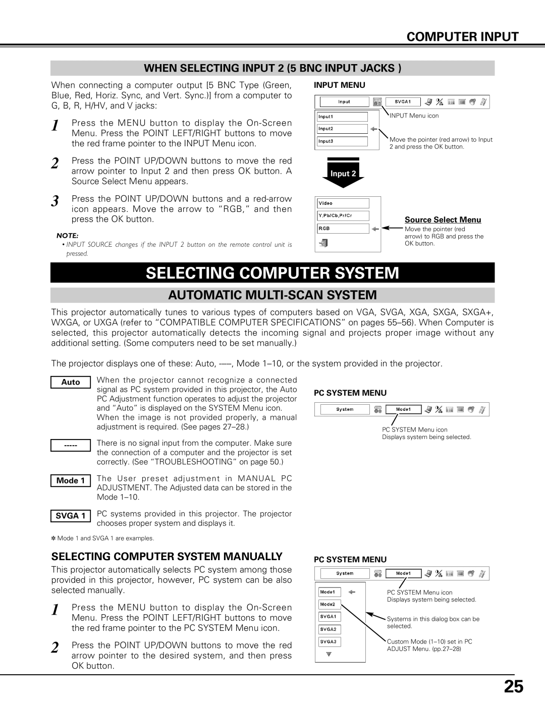 Canon LV-7575 user manual Computer Input, Automatic MULTI-SCAN System, Selecting Computer System Manually 