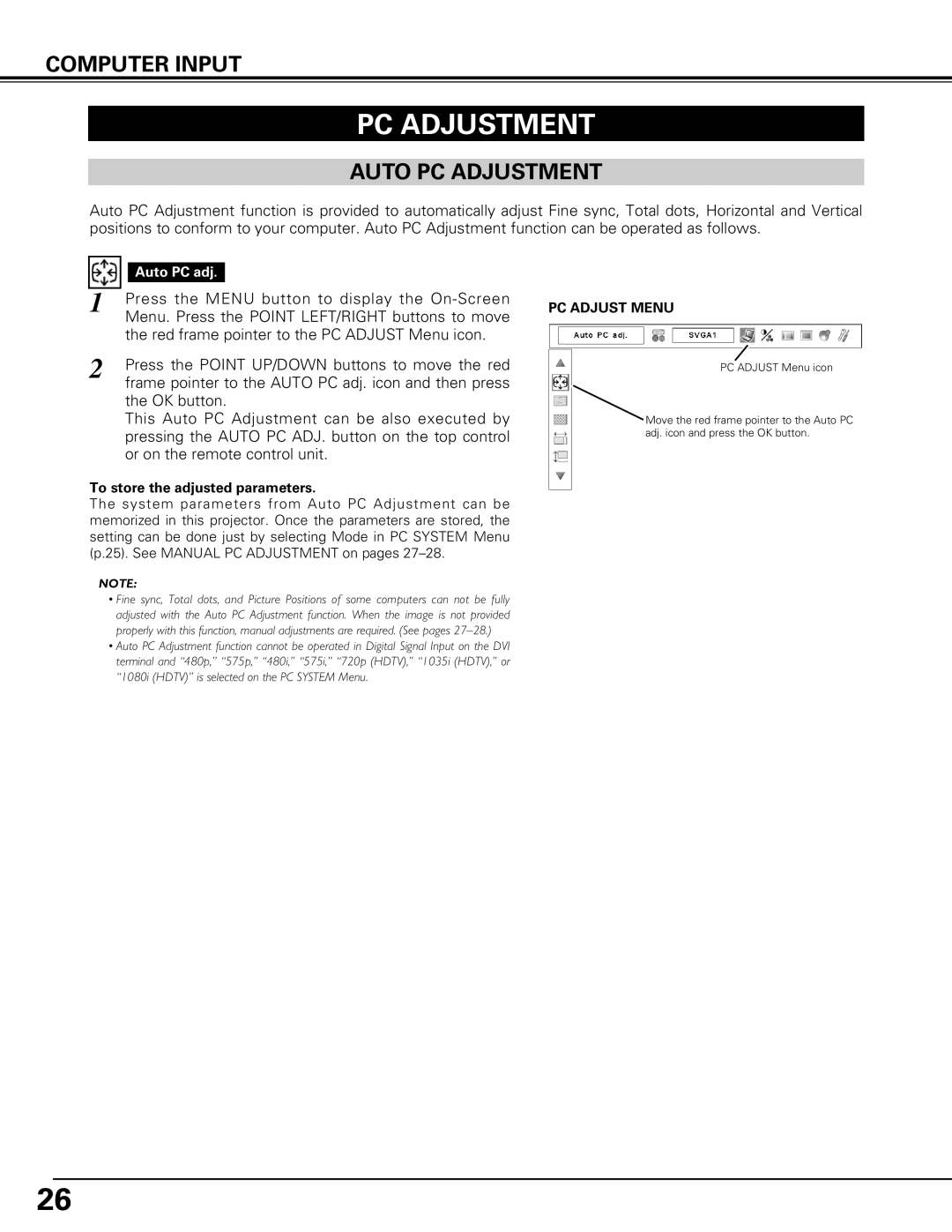 Canon LV-7575 user manual Auto PC Adjustment, Auto PC adj, To store the adjusted parameters, PC Adjust Menu 