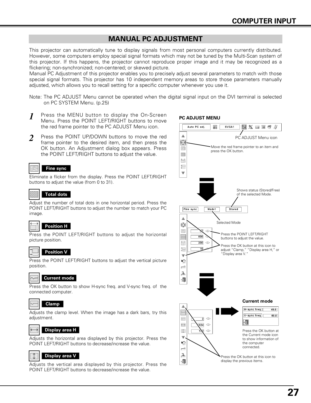 Canon LV-7575 user manual Computer Input Manual PC Adjustment 