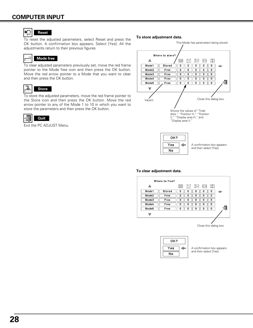 Canon LV-7575 user manual Reset, Mode free, Store, Quit 