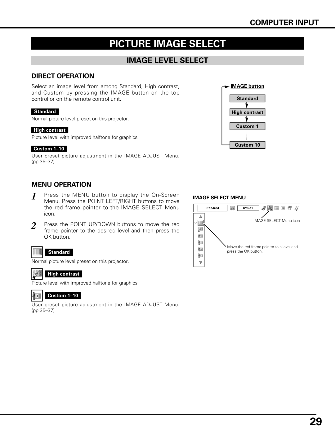 Canon LV-7575 user manual Picture Image Select, Image Level Select, Image Select Menu 