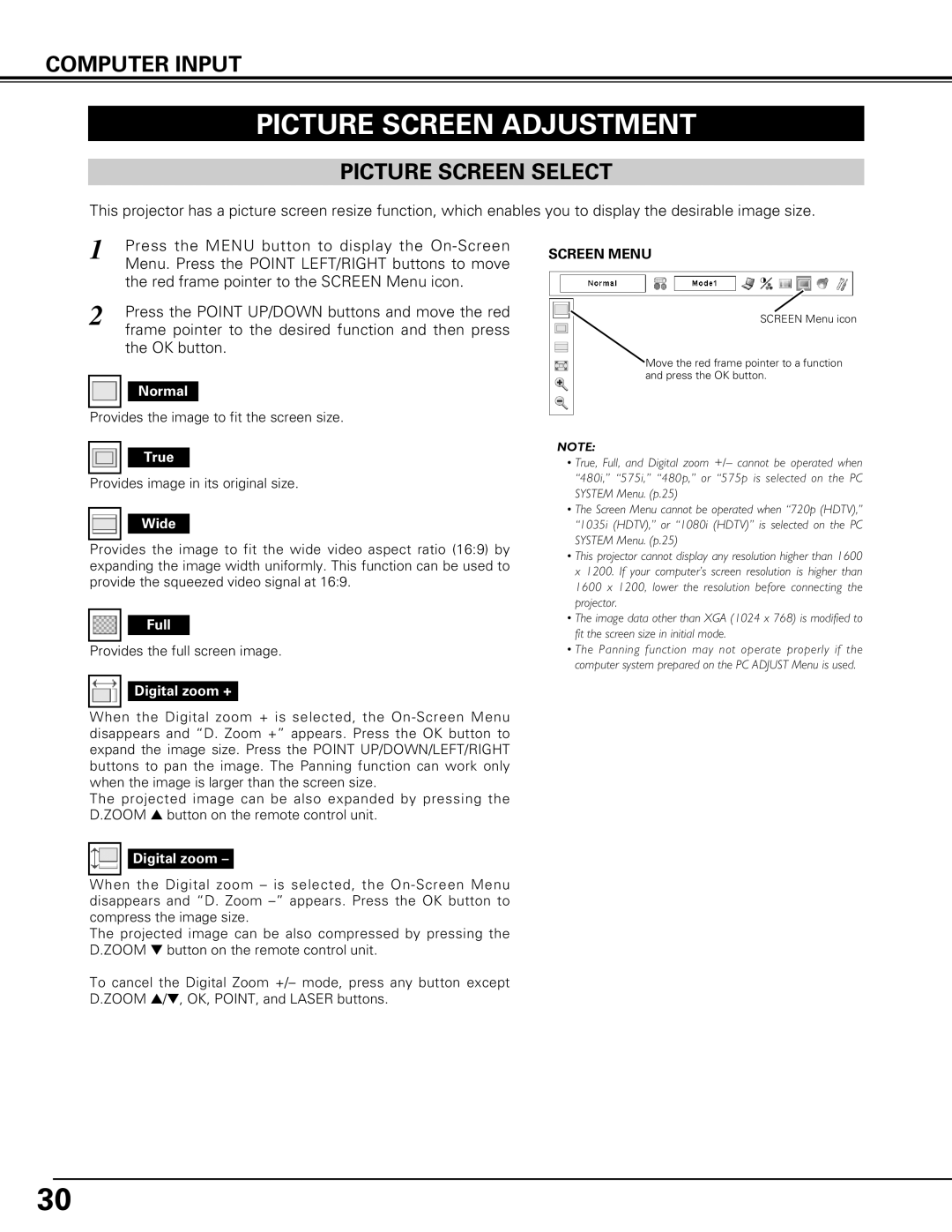 Canon LV-7575 user manual Picture Screen Adjustment, Picture Screen Select, Screen Menu 