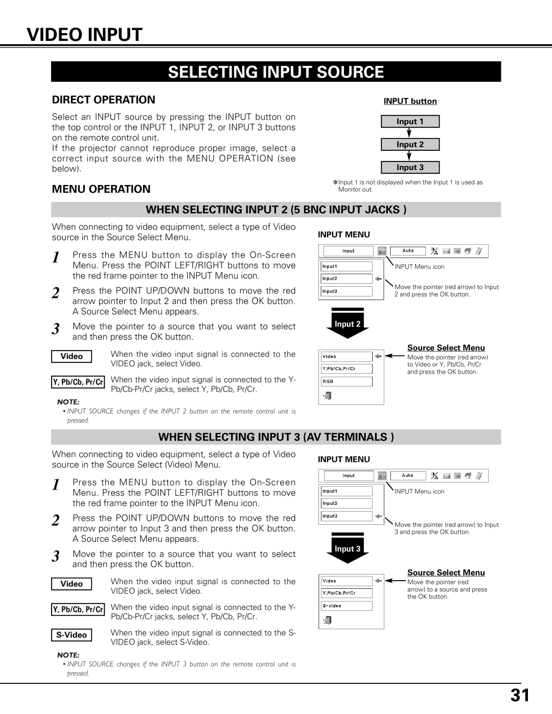 Canon LV-7575 user manual Video Input, When Selecting Input 3 AV Terminals, Source Select Menu Video Pb/Cb, Pr/Cr 