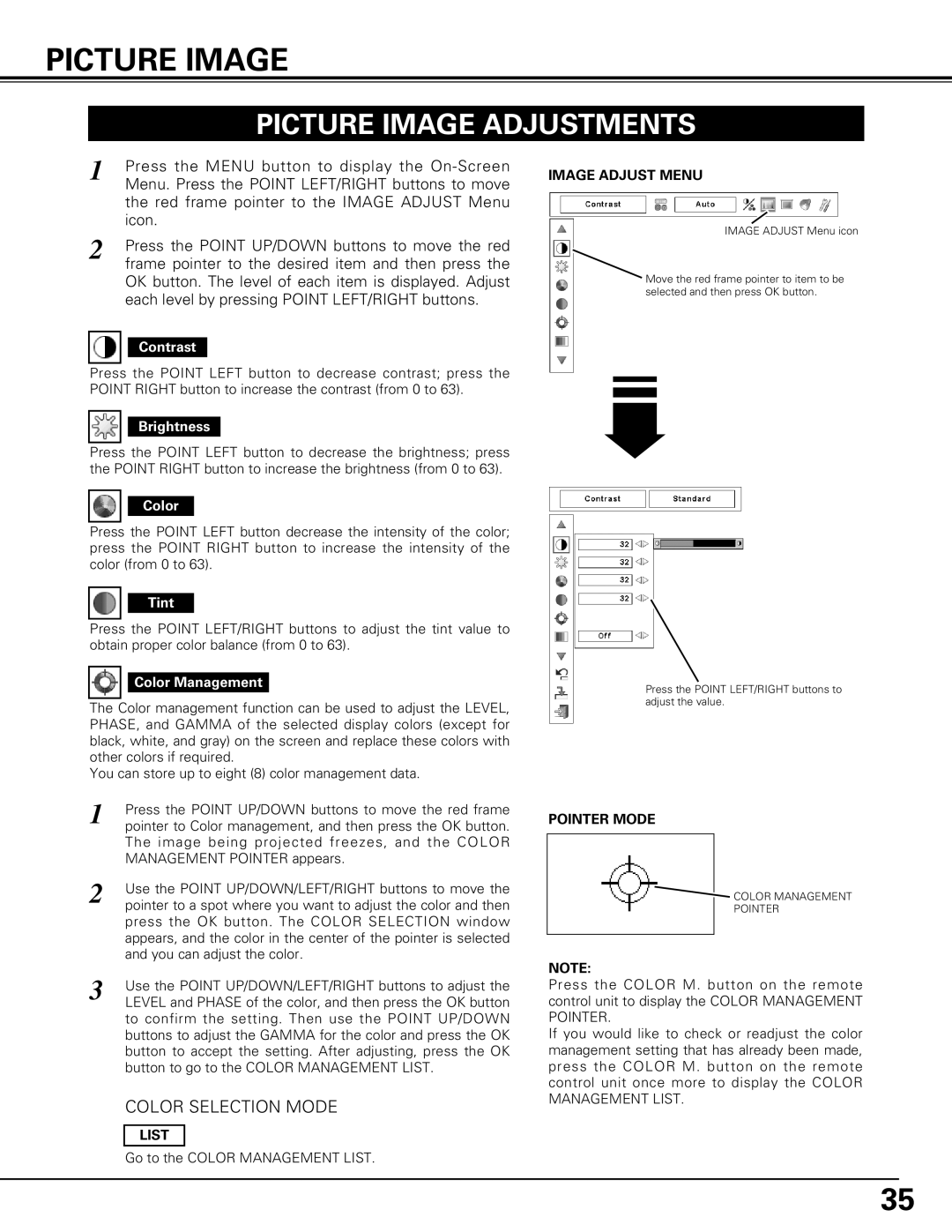 Canon LV-7575 user manual Picture Image Adjustments, Image Adjust Menu, List, Pointer Mode 