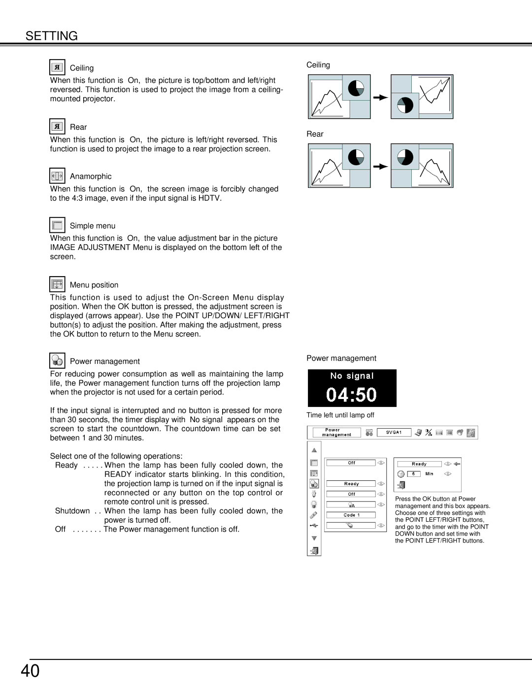 Canon LV-7575 user manual Ceiling, Rear, Anamorphic, Simple menu, Menu position, Power management 