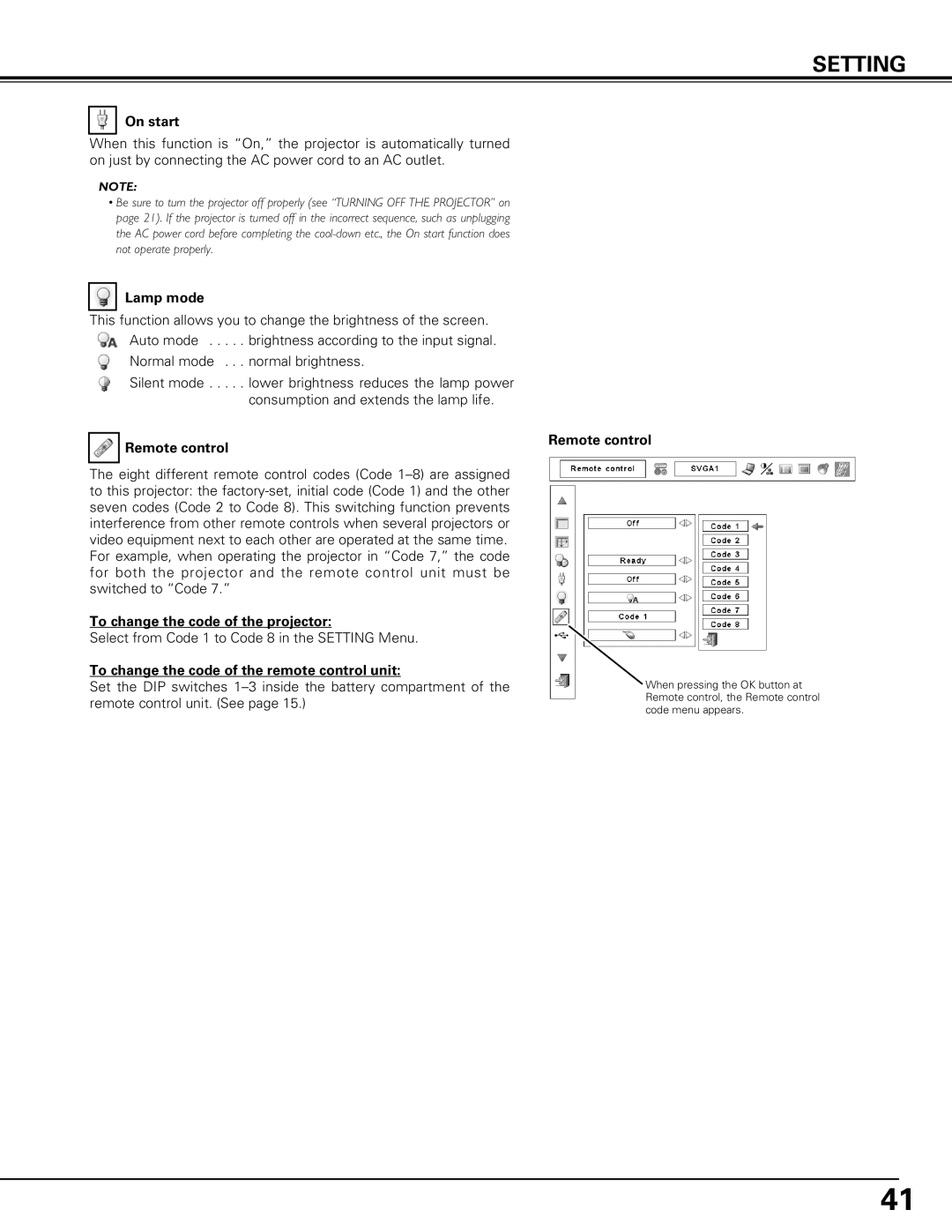 Canon LV-7575 user manual On start, Lamp mode, Remote control, To change the code of the projector 