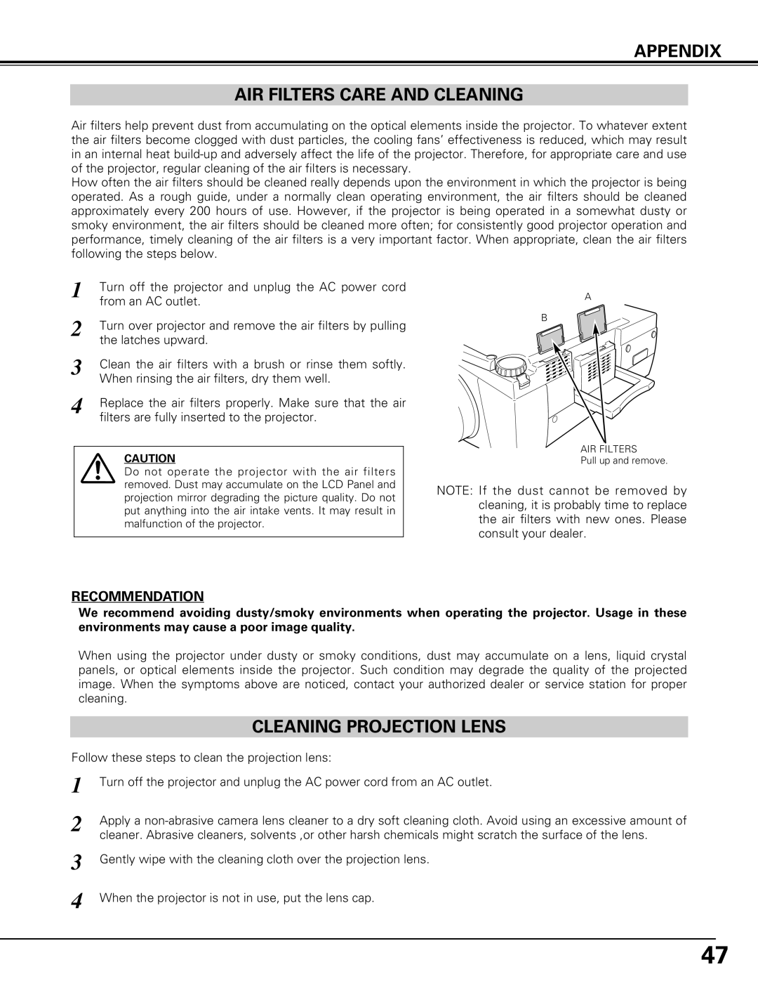 Canon LV-7575 user manual Appendix AIR Filters Care and Cleaning, Cleaning Projection Lens 