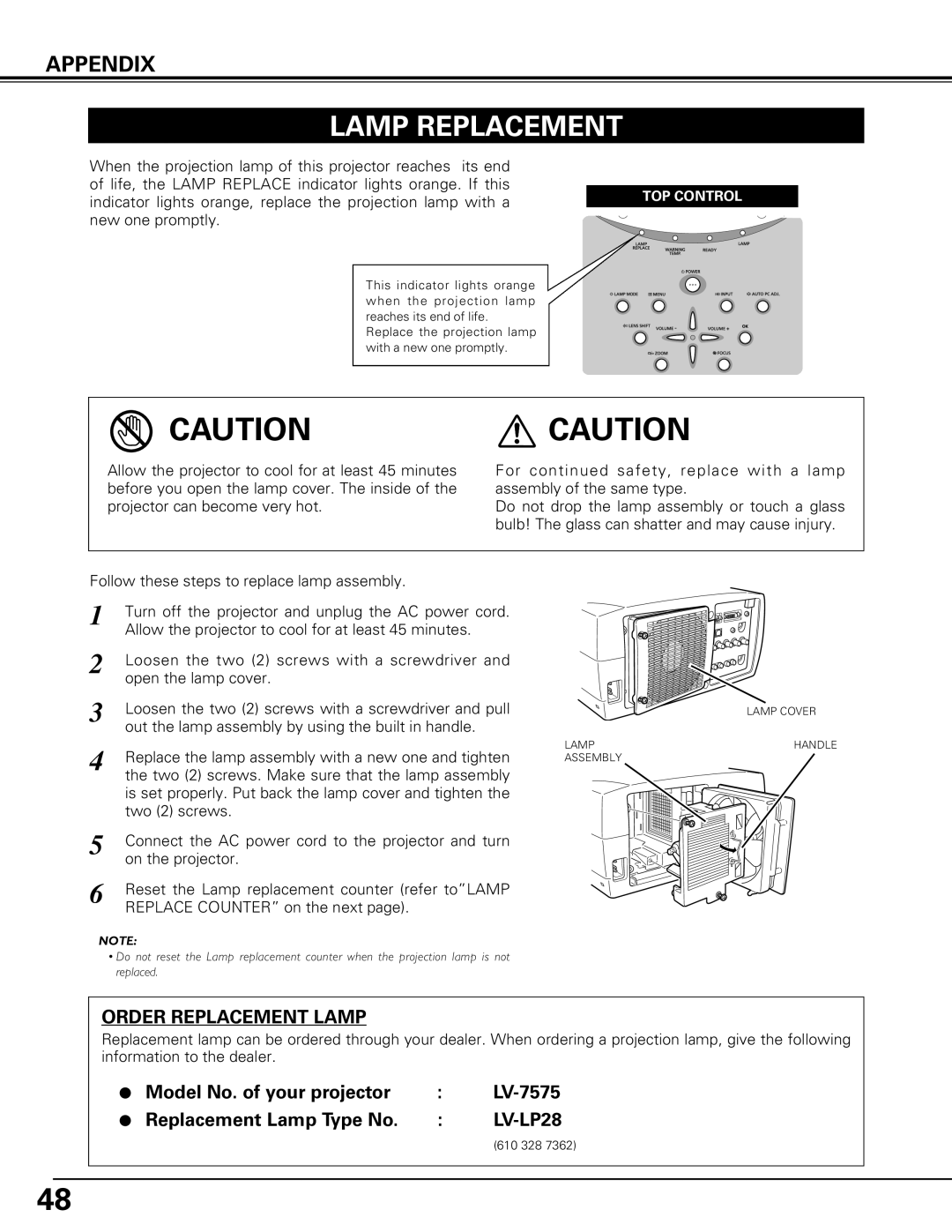 Canon LV-7575 user manual Lamp Replacement, Order Replacement Lamp 