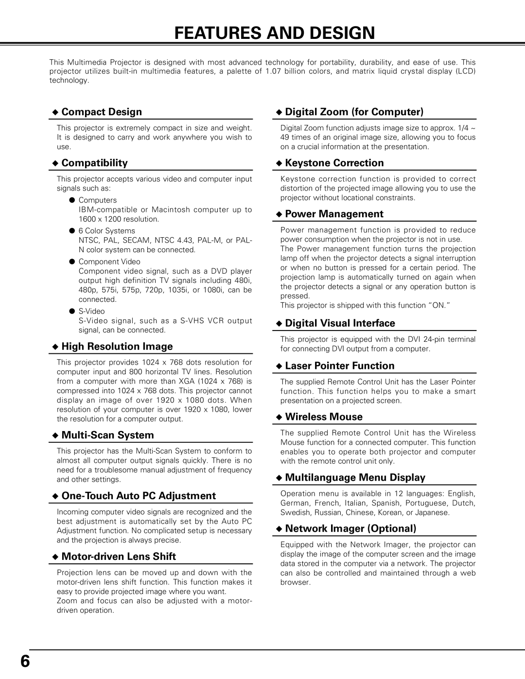 Canon LV-7575 user manual Features and Design, Compact Design Digital Zoom for Computer 