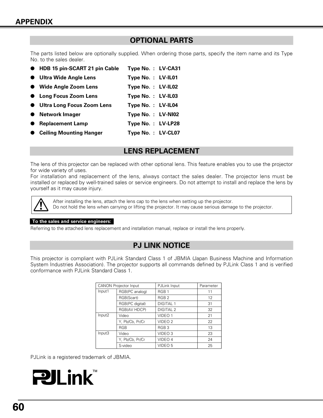 Canon LV-7575 user manual Appendix Optional Parts, Lens Replacement, PJ Link Notice, To the sales and service engineers 