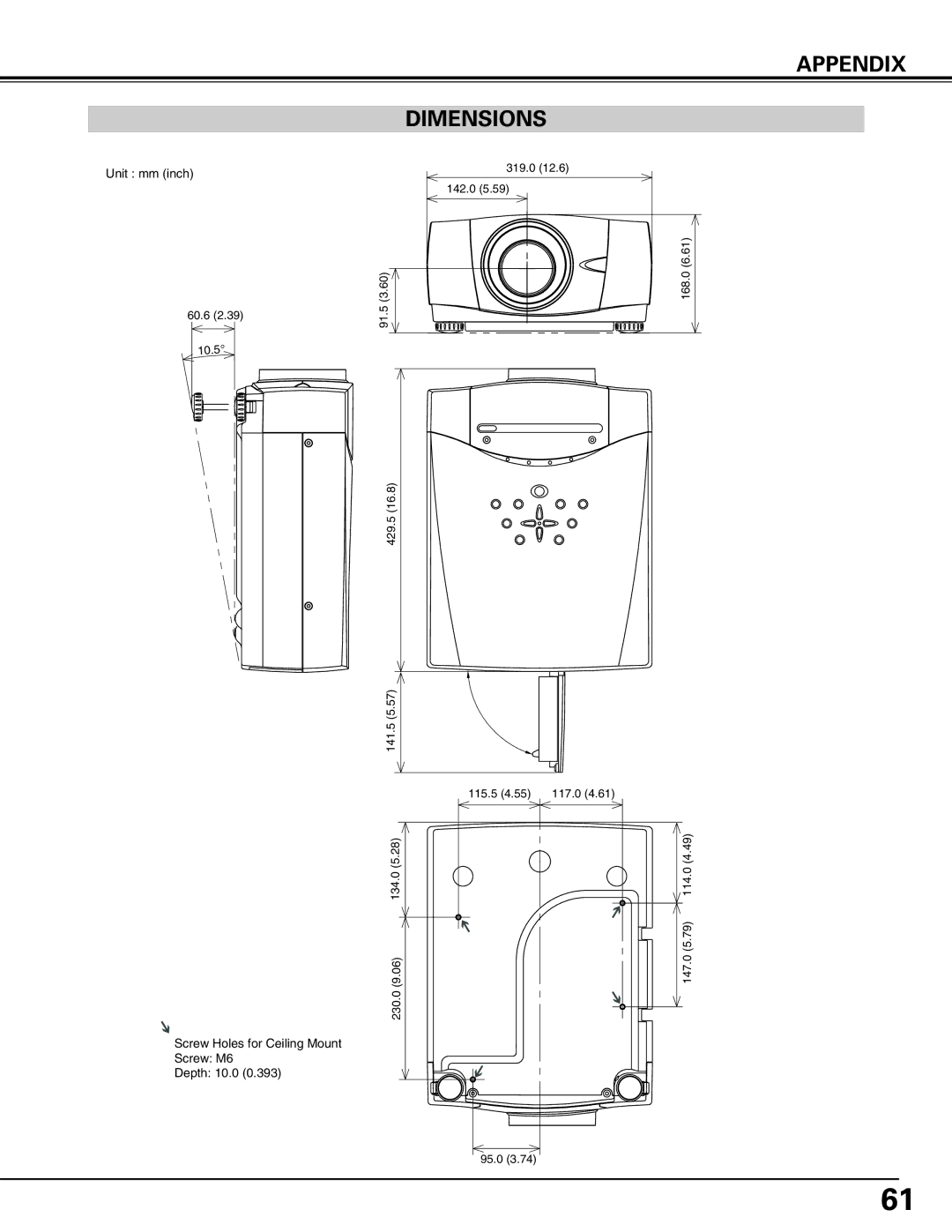 Canon LV-7575 user manual Appendix, Dimensions 