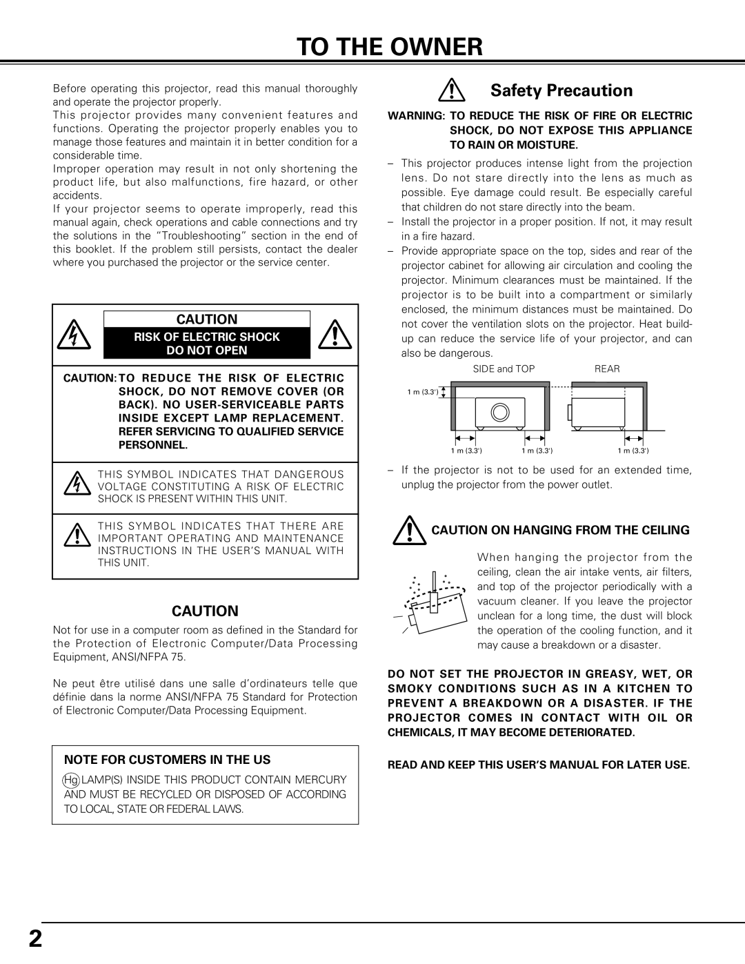 Canon LV-7575 user manual To The Owner, Safety Precaution, Risk Of Electric Shock Do Not Open 