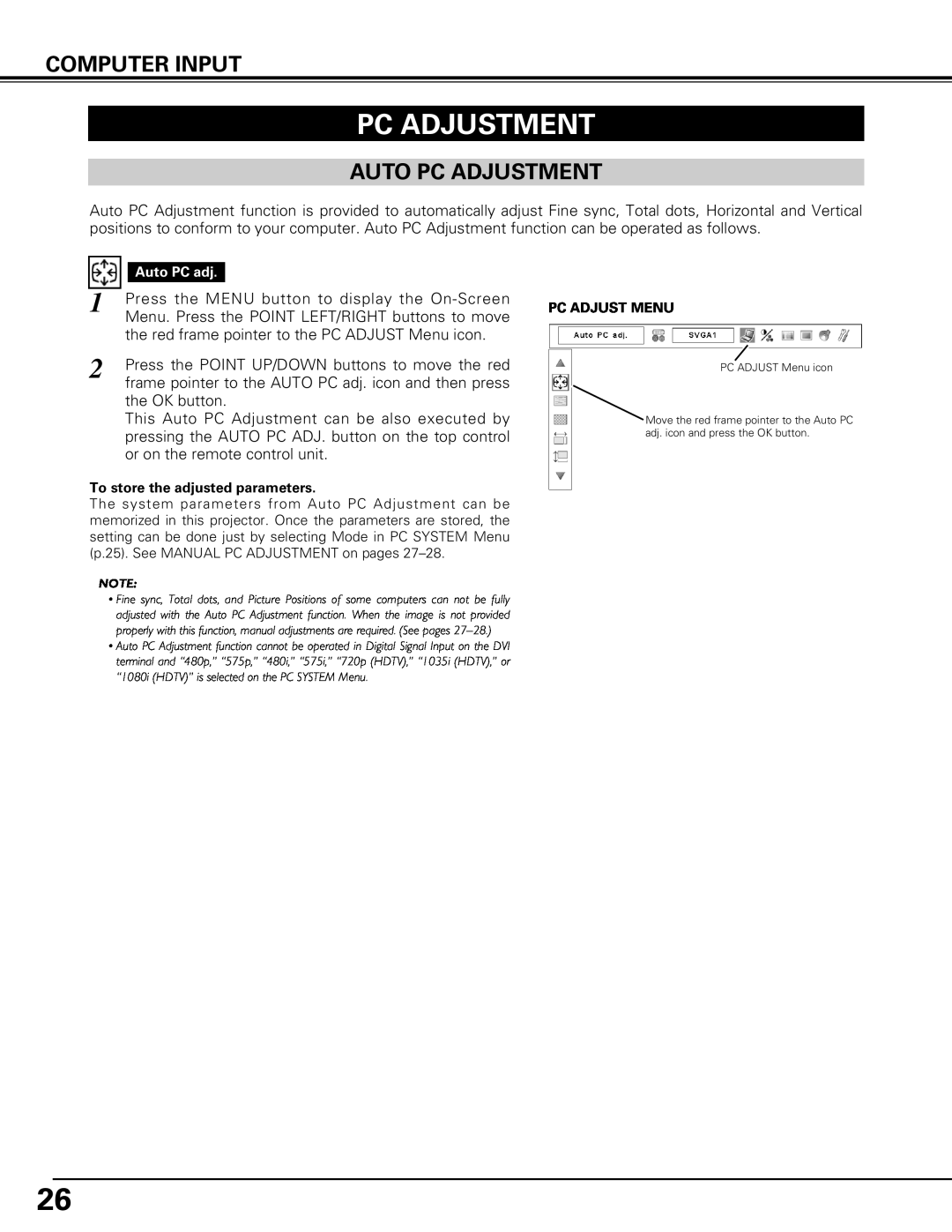 Canon LV-7575 user manual Auto Pc Adjustment, Computer Input, To store the adjusted parameters, Pc Adjust Menu 