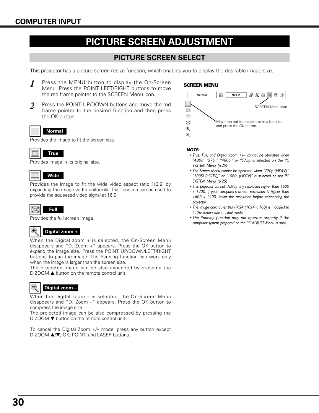 Canon LV-7575 user manual Picture Screen Adjustment, Picture Screen Select, Computer Input, Screen Menu 