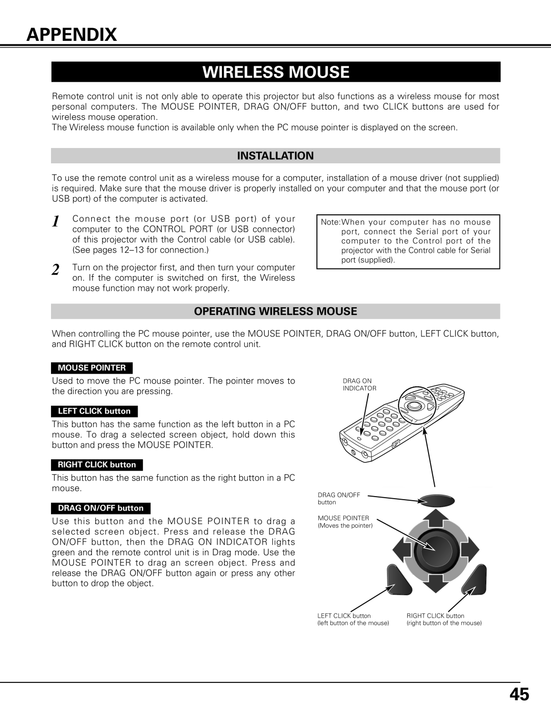 Canon LV-7575 user manual Appendix, Wireless Mouse 