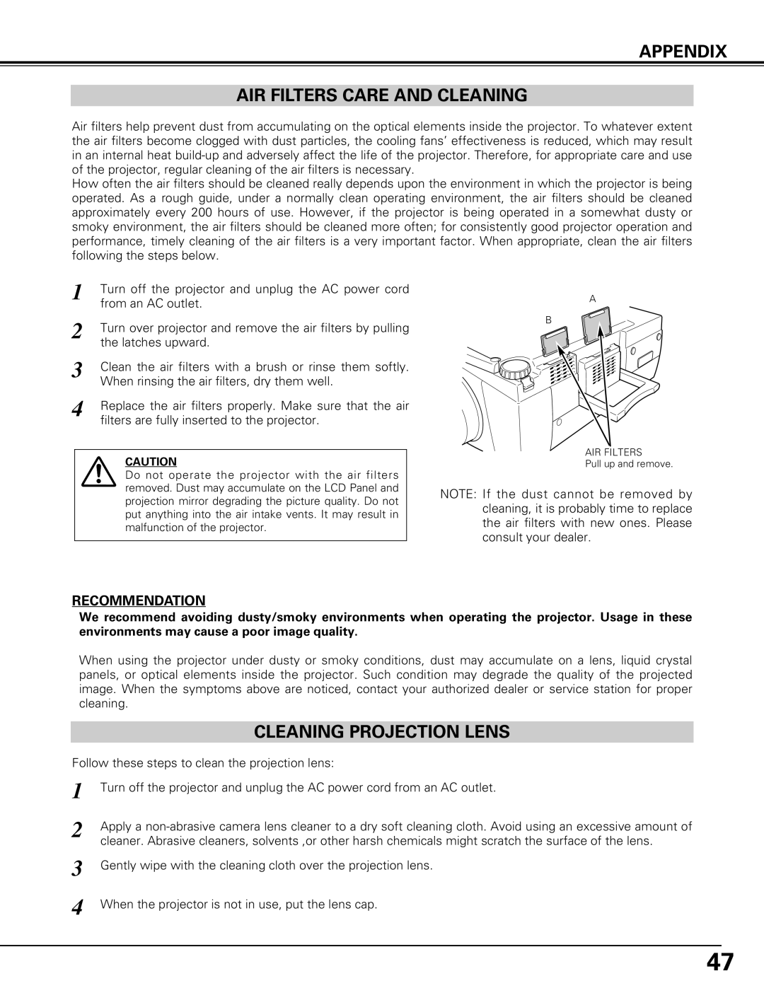 Canon LV-7575 user manual Appendix Air Filters Care And Cleaning, Cleaning Projection Lens, Recommendation 