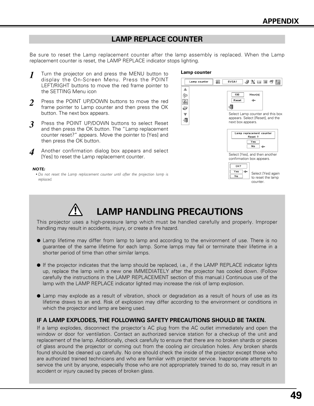 Canon LV-7575 user manual Appendix Lamp Replace Counter, Lamp Handling Precautions 