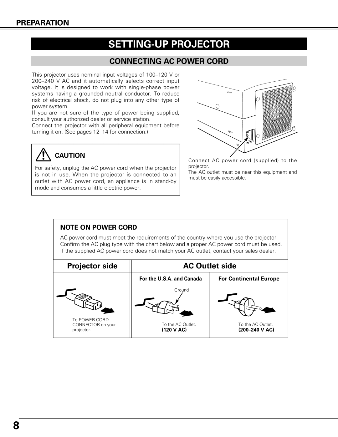Canon LV-7575 user manual Setting-Up Projector, Preparation, Connecting Ac Power Cord, Projector side, AC Outlet side 