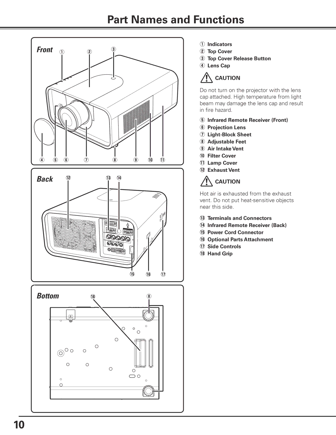 Canon LV-7585 Part Names and Functions, Front q, Back Bottom, Indicators w Top Cover Top Cover Release Button r Lens Cap 