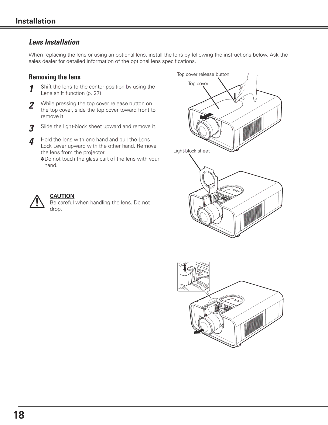 Canon LV-7585 user manual Lens Installation, Removing the lens 