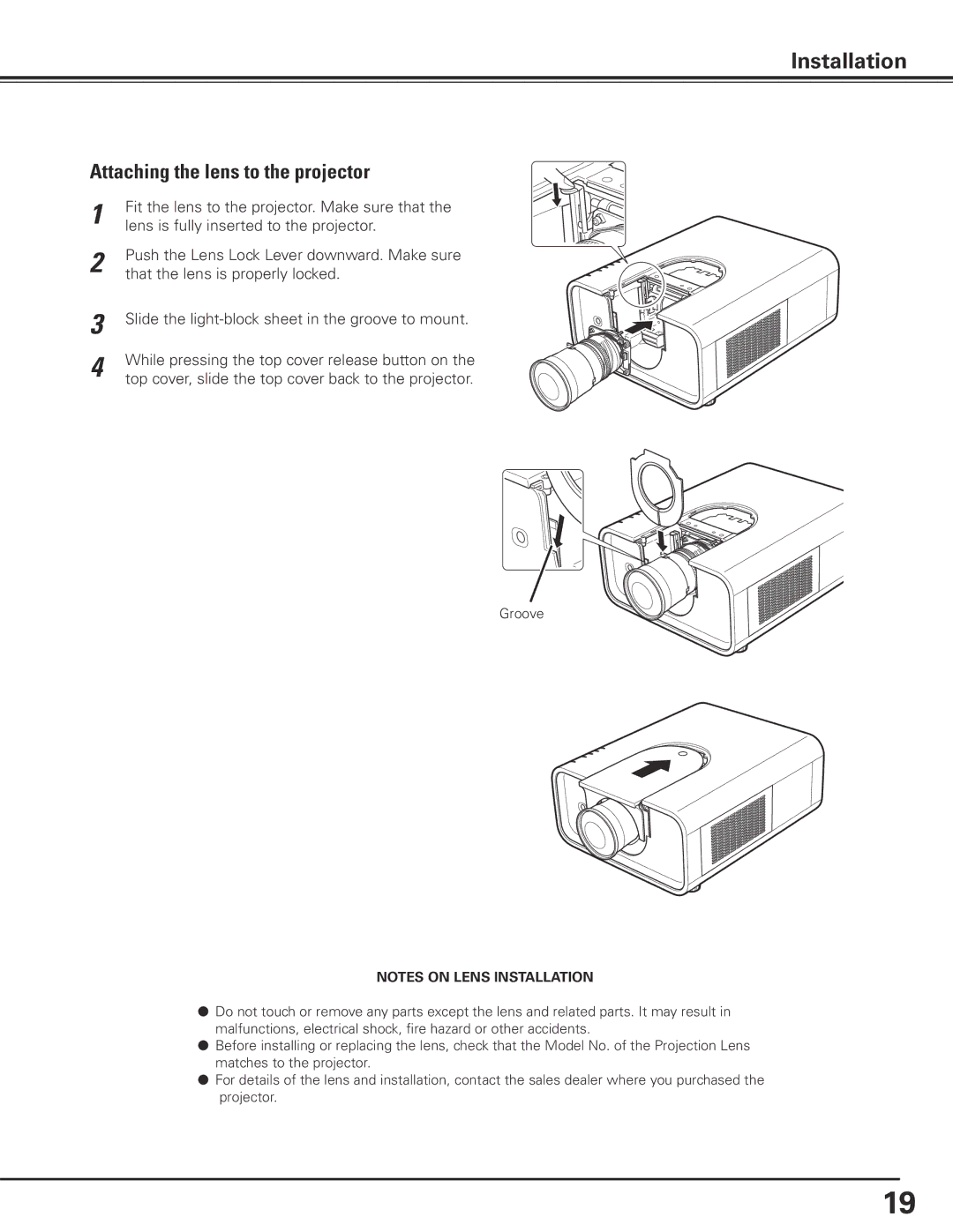 Canon LV-7585 user manual Attaching the lens to the projector 