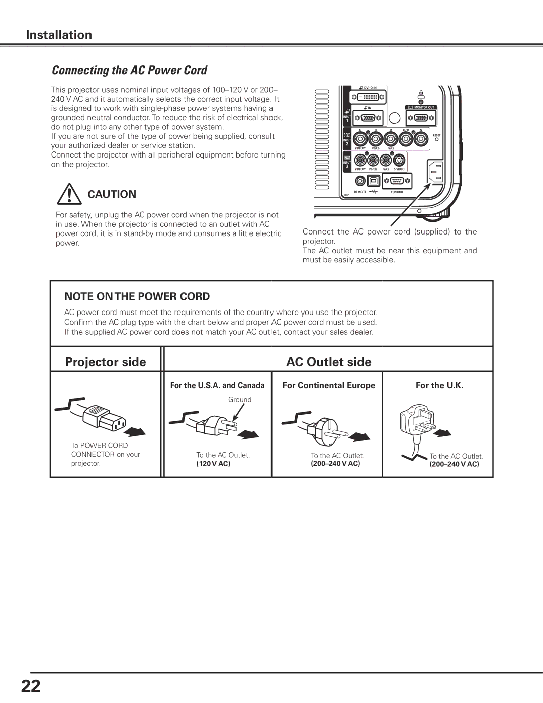 Canon LV-7585 user manual Connecting the AC Power Cord, For the U..K, For the U..S..A.. and Canada For Continental Europe 