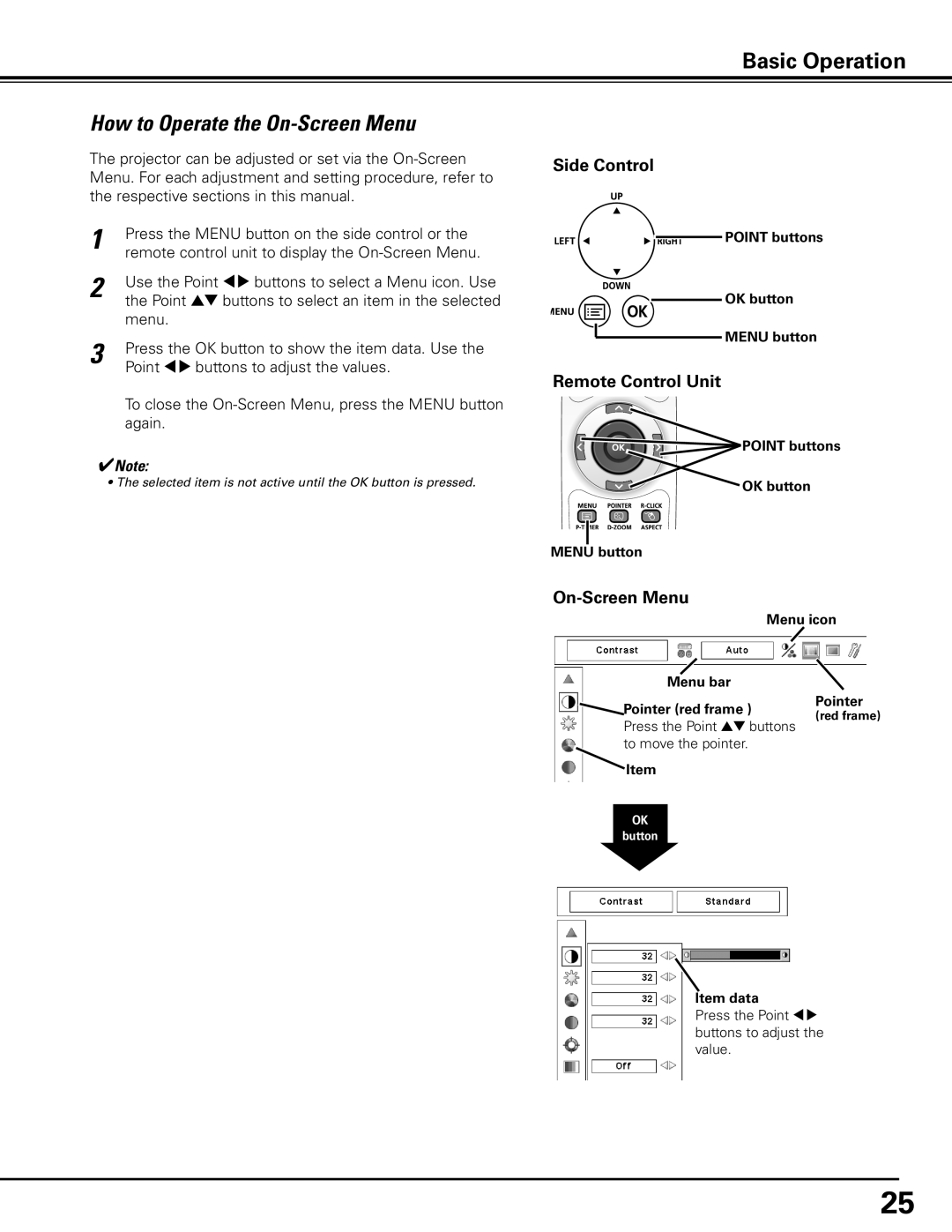 Canon LV-7585 How to Operate the On-Screen Menu, Point buttons OK button Menu button, Menu icon Menu bar Pointer red frame 