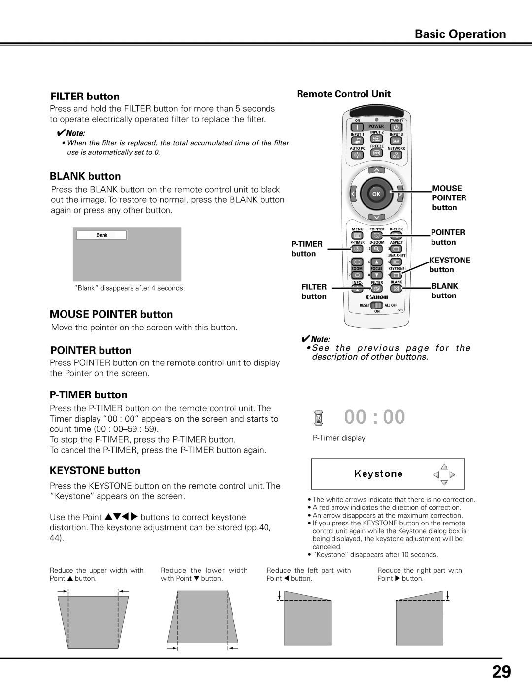 Canon LV-7585 user manual Filter button, Blank button, Mouse Pointer button, Timer button, Keystone button 